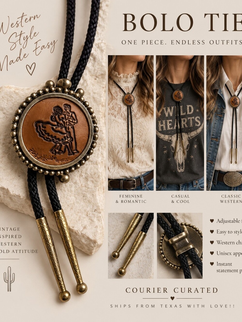 Western Square Dance Couple Bolo Tie Brown Embossed Medallion Vintage Style